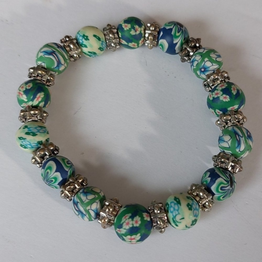 Blue Green Polymer Clay Beaded Stretch Bracelet